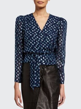 Tanya Taylor Blue Silk Wrap Blouse